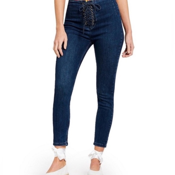 Free People|FP dark wash lace front skinny jeans,tie waist•••Adorable y2k boho - Picture 2 of 13